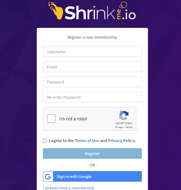 Shrinkme Registration Page